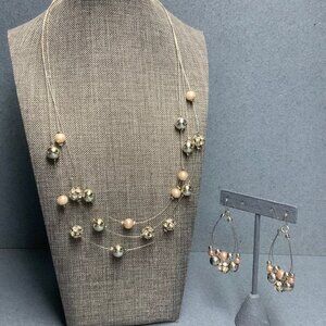 Multi Strand Necklace 19 In Pierced Hoop Earrings Silver Pink Pearl Rhinestones